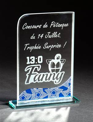 Trophée Verre décors bleu et blanc- Haut. 16 Cm
